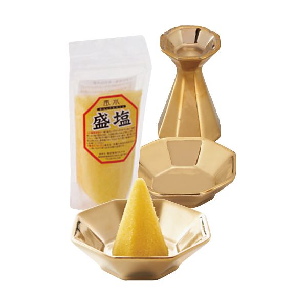 福招き金の八角盛り塩皿ｾｯﾄ 色塩付