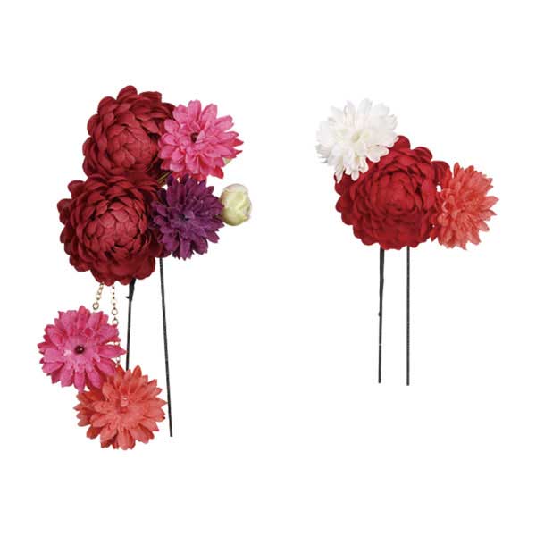 ｶﾗﾌﾙ小花のﾌﾞｰｹ花だらり付2点ｾｯﾄ ｱｶ