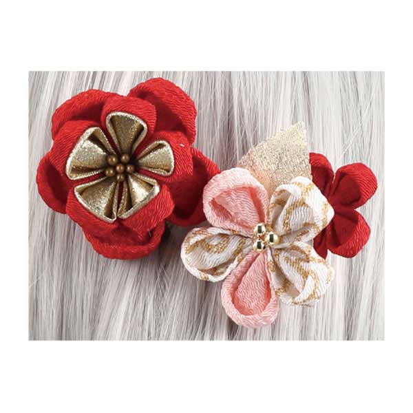 ちりめん小花のUﾋﾟﾝ 2点ｾｯﾄ ｱｶ