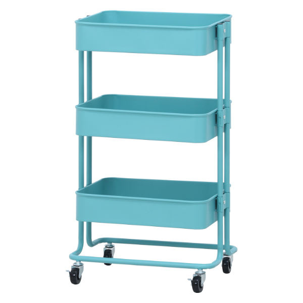 キッチンワゴン バスケット3段 ターコイズブルー ブルー