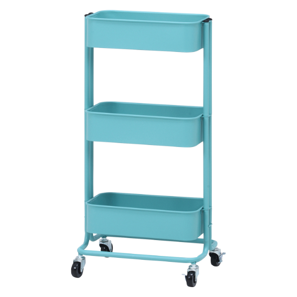 キッチンワゴン バスケット3段 スリム ターコイズブルー