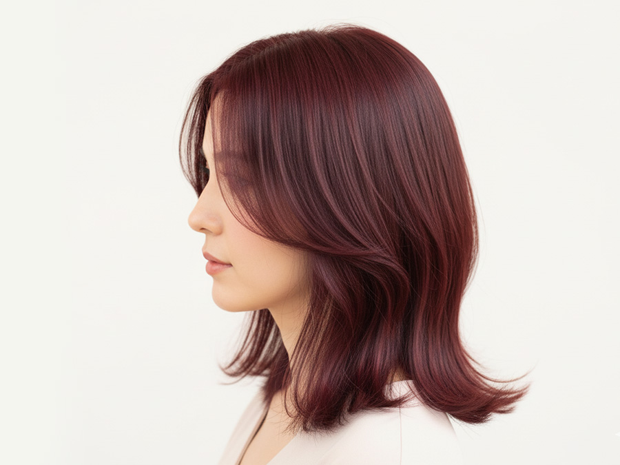 レッドブラウン / カシスブラウンの髪色の女性の横姿