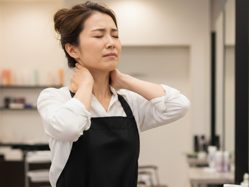 毎日のハードなサロンワークで首や肩に疲れを感じている美容師の女性