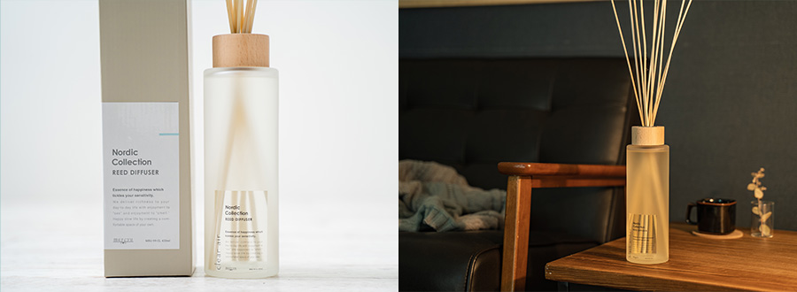 リードディフューザーのパッケージと、使用イメージ