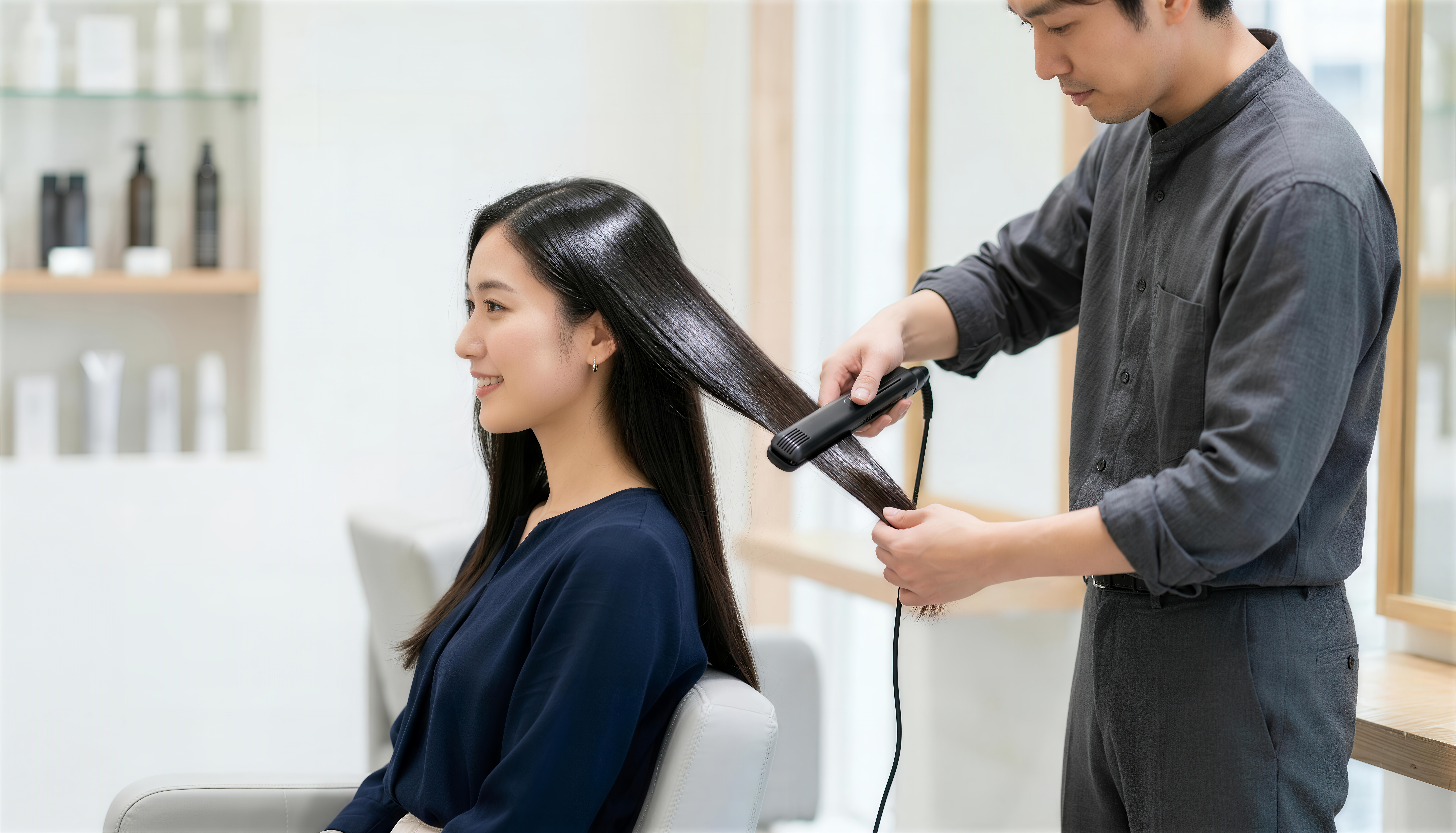 酸熱トリートメントを施術する美容師