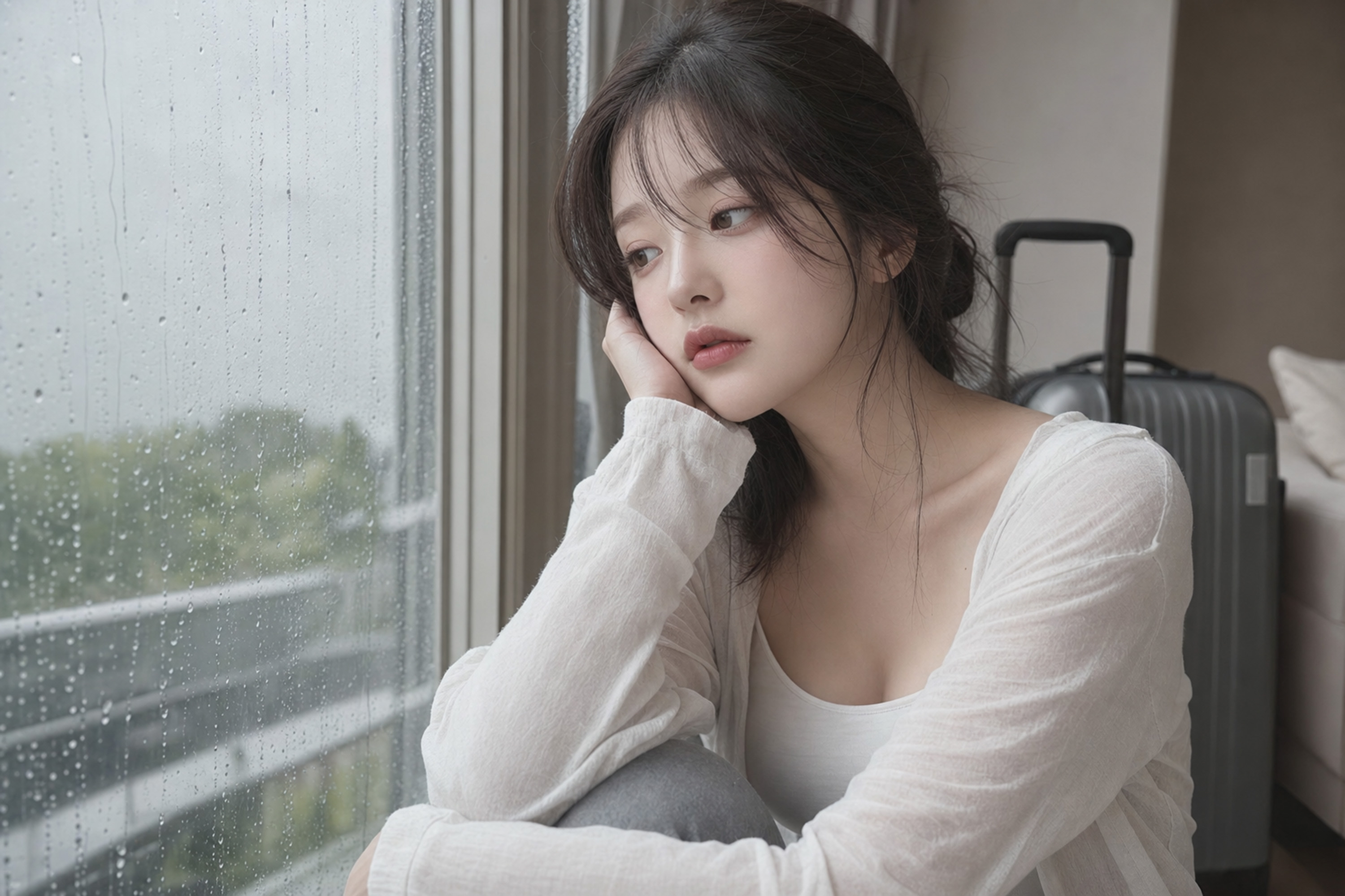 雨の日でしょんぼりする女性