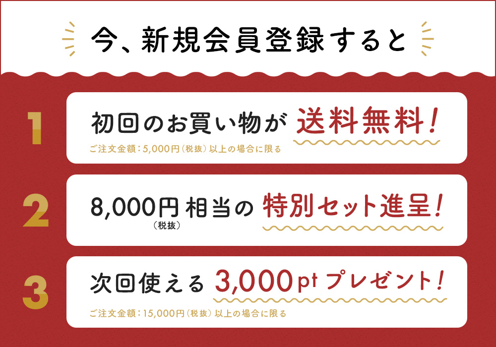新規会員登録特典 お得な3大特典ついてきます！