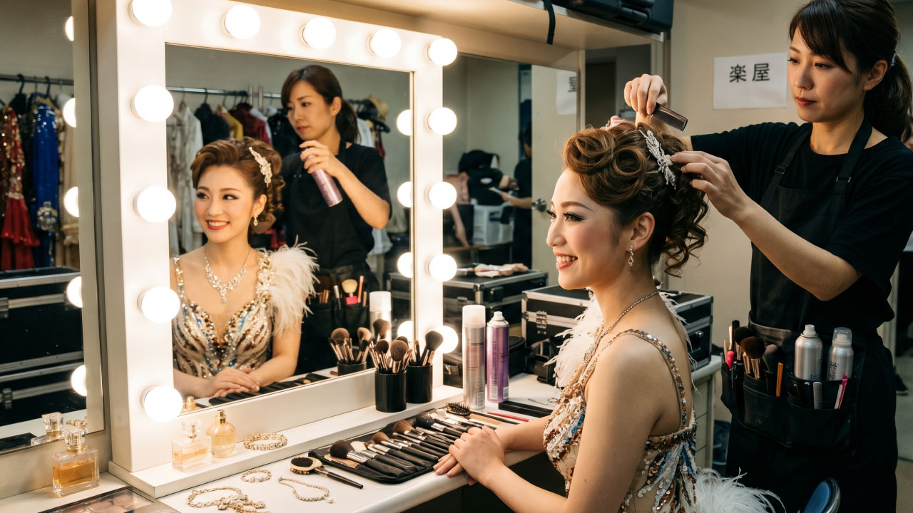 撮影現場、舞台、テレビ出演前などの控室でヘアメイク施術を行う出張美容のイメージ
